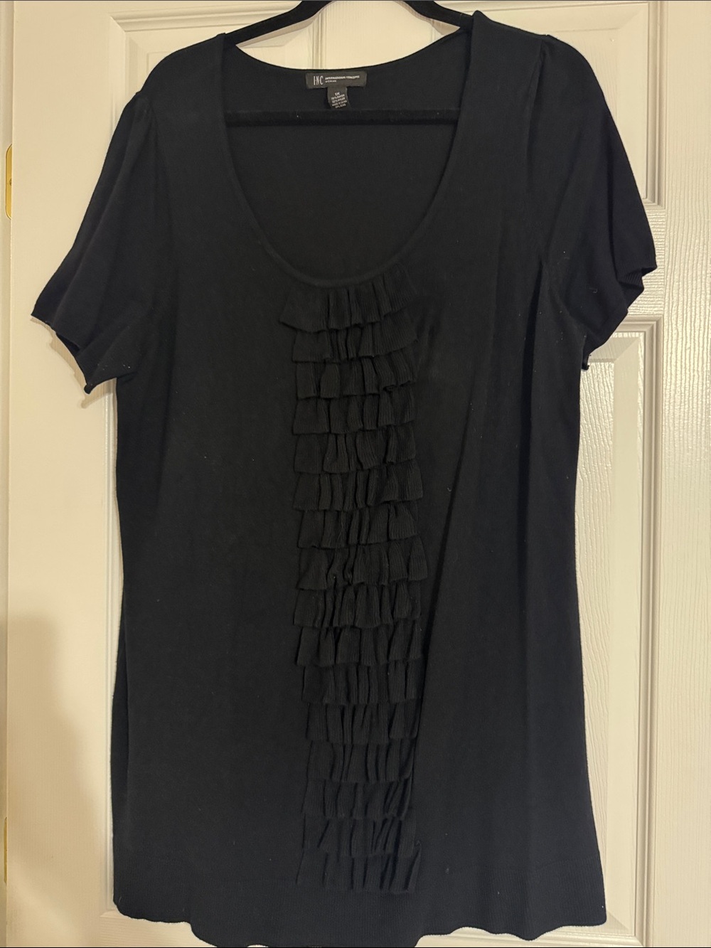 Inc Black Short-Sleeve Ruffle Scoop Neck Top